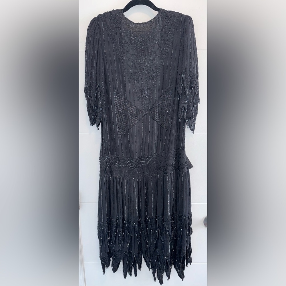 Judith Ann 1980s Silk Sequin Beaded Caftan Sparkle Dress mermaid hem Vintage S